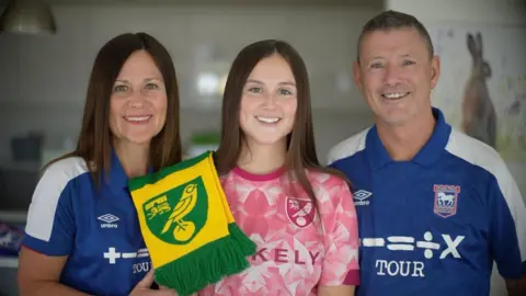 Tracey King (left) wearing a Blue Ipswich Town shirt stands to the right of Eloise, and clutches her daughter's arm. She has brown hair. Eloise King has similarly brown hair, and stands between her mother and father. She is wearing a pink Norwich City kit, and has a yellow and Green Norwich City scarf over her shoulder. Chris King, stands to the left of his daughter, and is wearing an identical blue Ipswich Town shirt to Tracey. 
