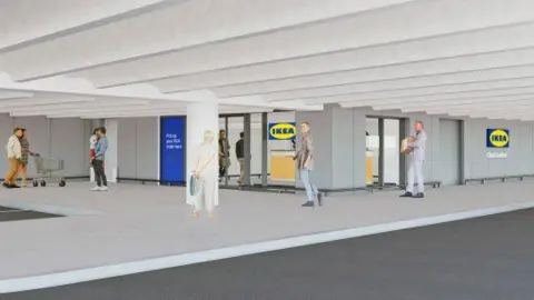 SRA Architects An artist's impression of the entrance to the Ikea store which is in a grey multi storey car park with the yellow and blue signage of the store seen on walls and windows. There are people walking along, two pushing a trolley.