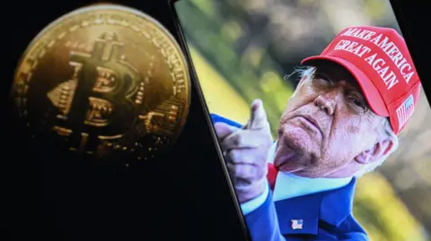Trump is seen wearing a Make America Great Again hat. Another photo shows a picture of cryptocurrency 