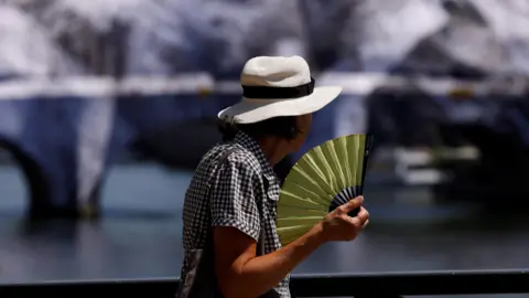  A person wearing a hat and holding a hand fan walks on the Pont des Arts bridge over the River Seine in Paris as temperatures rise during a heatwave affecting a large part of France, June 22,