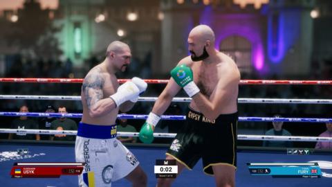 A computer-generated image of two men in a boxing ring mid-fight. One, taller boxer, wears black shorts with the words "gypsy king" written in gold block letters. The other man is a head shorter with a handlebar moustache. He wears white trunks with a blue waistband and various logos over them.