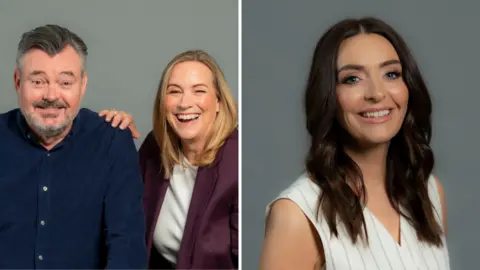A composite image. on the left is a man and woman laughing . the woman has her hand on the mans shoulder. on the right is a woman with long brown hair.