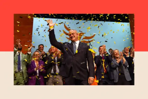 Getty Images Confetti falls as Ed Davey, leader of the Liberal Democrats, finishes his keynote speech