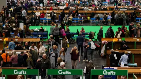Reuters A wide shot of the Crufts event with members of the public seen in the arena with three green signs with Crufts in white writing in the foreground
