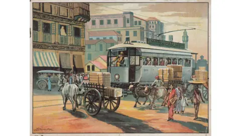 DAG This chromolithograph by M V Dhurandhar (1867–1944) shows a scene with a tram that once formed an integral part of Bombay's streetscape.