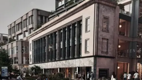 A computer generated image of the redeveloped former M&S building. It s green marble facade and gold clock are intact. It is surrounded by tall modern buildings and a lot of people are walking on the street.