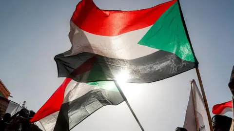 A Sudanese flag flutters in the wind against a backdrop of a bright blue sky - other Sudanese flags are in the background. The sun can be seen shining through the bottom of the flag.