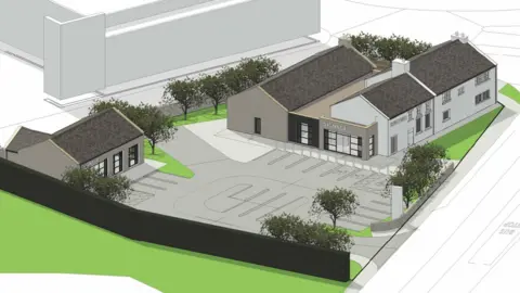 Bradford Council Artist impression of building after redevelopment showing the pub becoming a convenience store, with a large car park and second small shop