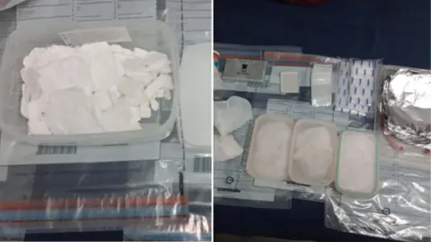 Leicestershire Police A collage image showing large amounts of cocaine which were found at a drug dealer's home.