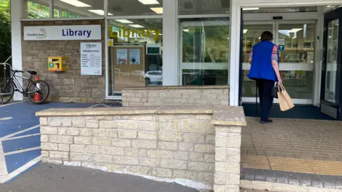 The entrance to Bollington Library in Bollington, Cheshire