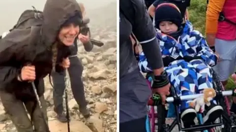 A composite image of Princess Catherine and a boy in a wheelchair on a mountain