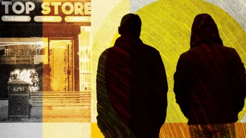 BBC A composite image with a yellow filter. On the left is a grainy image of a mini-mart shopfront, with a bold sign which reads "Top Store". The words "tobacco" and "vape" are also visible beneath it. On the right are two shadowy figures with their backs to the camera. 