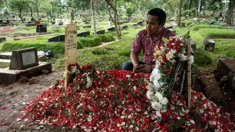 Getty Images A man holding a mobile phone in his hand and wearing a short-sleeve shirt, looks at the makeshift wooden tombstone of Mr Kurniawan's grave, which is covered in red and white petals