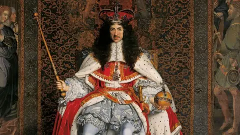 Getty Charles II's coronation portrait. He is wearing his crown on his long black curling wig which falls down his chest. He is also wearing a white fur clock over red velvet clothes, trimmed in gold. Underneath are his silver lace breeches and silk stocking legs. In one hand is the sceptre and in the other the orb.