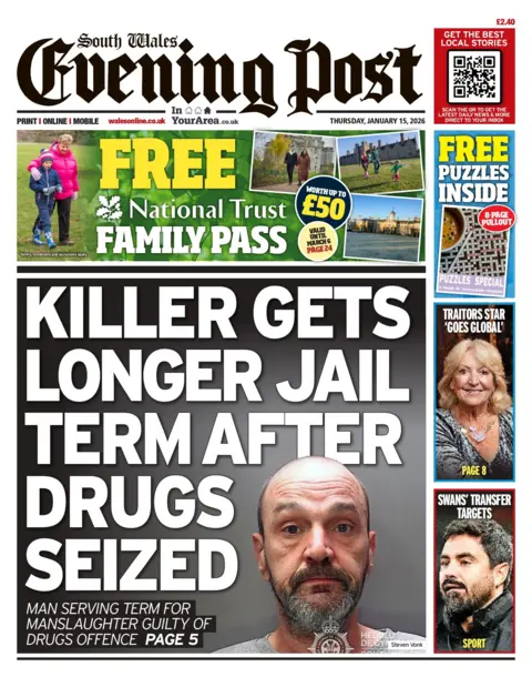 South Wales Evening Post Front page of the South Wales Evening Post with the main headline: 'Killer gets longer jail term after drugs seized' and a mugshot of a bald man with a greying moustache and beard. Above is an advert for a free National Trust family pass.