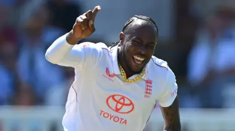 England fast bowler Jofra Archer celebrates taking a wicket