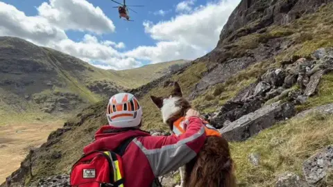 The back of a mountain rescuer wearing a red and grey coat and a white and orange helmet. They have their arm around a brown and white dog who has a orange harness on. They is a helicopter in the sky which is blue with big white clouds. They are standing on the steep and rocky slope of a fell.