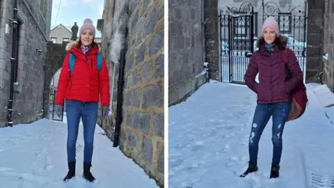 Huszti family Henrietta and Eliza Huszti are photographed smiling and looking at camera, both standing in snow, wearing blue jeans, one wearing a red jacket, the other wearing a purple jacket, both wearing warm pink hats and with bags over shoulder.