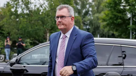 Sir Jeffrey Donaldson is walking away from a black car.
He is a man with short grey hair, wearing a dark blue suit, white shirt and pink tie.