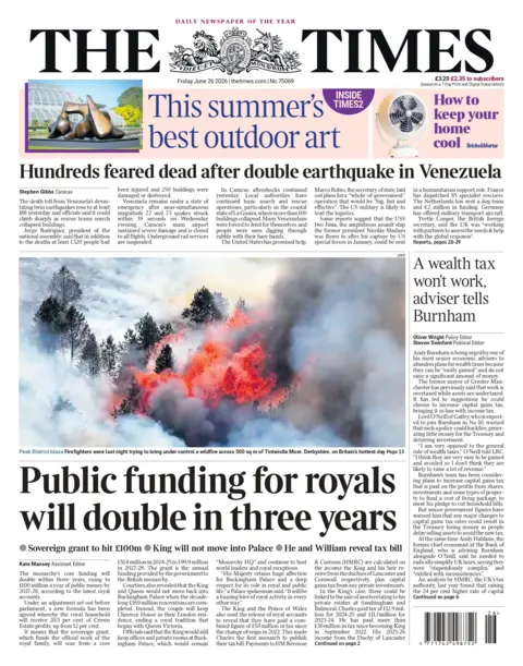 "Public funding for royals will double in three years," reads the headline on the front page of the Times.
