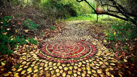 James Brunt A piece of art made of red leaves and golden leaves in a woodland setting 