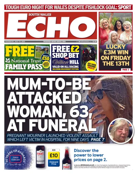 South Wales Echo The South Wales Echo newspaper front page shows main headline; Mum-to-Be attacked woman, 63, at funeral. Pregnant mourner launched violent assault which left victim in hospital for nine days. On the top is a free William Hill Bet and a free National Trust family pass.