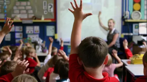 A classroom of children with their backs to the camera. The kids are wearing red tops and some of them have their hands up. A female teacher is at the front of the class wearing a grey top with her hand up also.