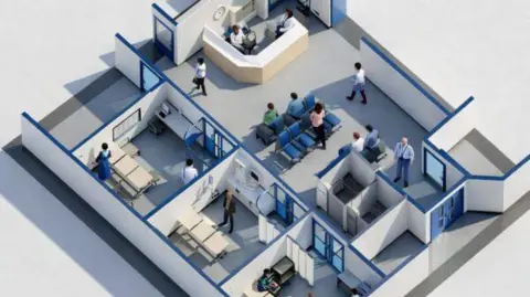 An artist's impression of the new unit from above. It is a square shape divided by walls into rooms inside. Along the left hand side are three rooms with double glass doors and medical beds, curtains and desks inside. On the top right there is a reception area with a large white desk and a front door next to it. In the bottom right is a waiting area with blue chairs and several smaller rooms and blue double exit doors