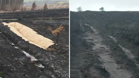 BBC/Stuart Prandle A composite image showing an aerial shot of John Cross Rigg, a, long ditch covered in light brown matting, alongside a long track with ruts visible where cart wheels and horses' hooves once went.
