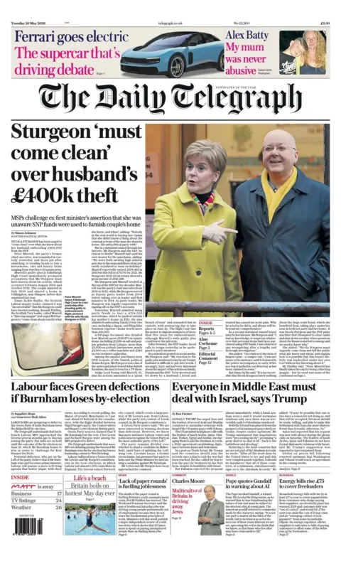 "Sturgeon 'must come clean' over husband's £400k theft" reads the headline on the front page of the Daily Telegraph.