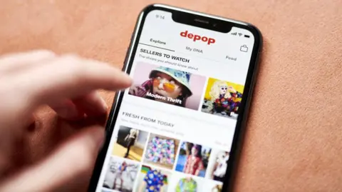A smartphone screen shows the Depop app, with a selection of clothing.