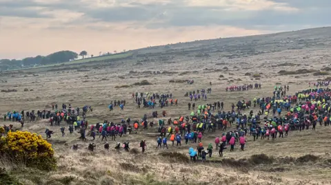 Walkers are spread out over the moors. They are wearing different coloured backpacks. It is a cloudy day and the moor is a brownish colour, except from a yellow gorse bush seen in the foreground.

