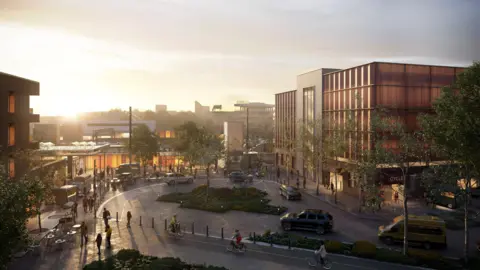 Peterborough City Council Graphic shows the western entrance to Peterborough station, where there is an area for cars to drop off passengers.