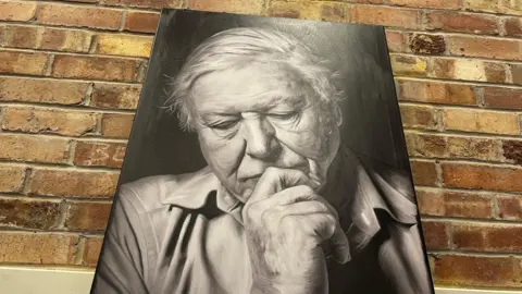 Aex Howick/BBC A portrait of Sir David Attenborough, mostly in black and white, leans against a red brick wall