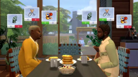 EA/Maxis A Sims 4 screenshot shows two male characters with darker skin tones facing each other across a breakfast table. A garden can be seen through the plate glass sliding door behind them. Above each man's head are three icons in square boxes. Each appears to represent an activity or emotion and a green happy face/red sad face denoting their reaction to it.