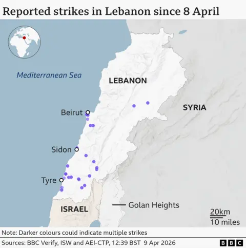 Map of areas reported to have been struck by Israel since 8 April