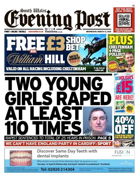 South Wales Evening Post South Wales Evening Post front page with headline Two young girls raped at least 110 times and custody photo of man who has been jailed