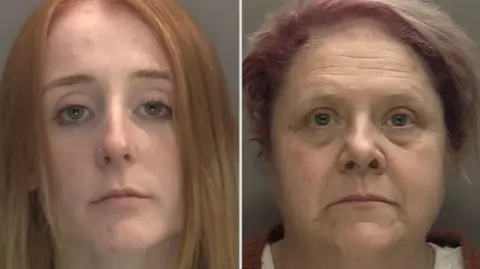 West Midlands Police Cookson has long, red hair and Latewood dyed short, pink hair. They appear in close-up police mugshots.