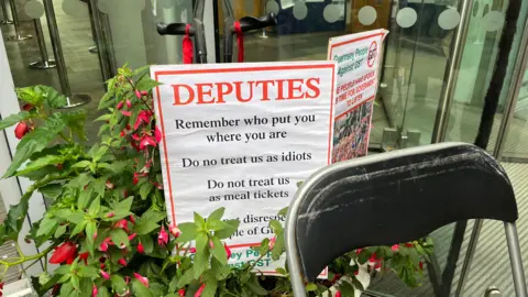 Two placards in a plant outside Guernsey's Royal Court. The placard you can see says Deputies remember who put you are, do not treat us as idiots, do not treat us as meal tickets.