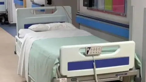 A hospital bed, which has a white pillow and sheet and a pale green blanket.