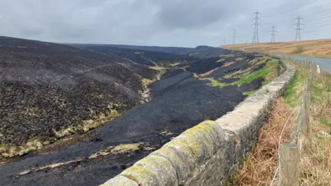 Charles Heslett/BBC A wide stretch of moorland scarred by fire, with a large area of blackened, scorched ground with patches of green grass. The site is bordred by a brick wall, which has some parts missing. In the background are electricity pylons. 