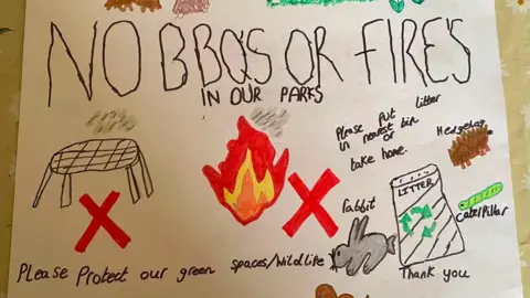 Adam Tracey The hand-made poster which reads "no bbq's or fires in our parks". There are also drawings of fire, animals and other messages throughout. 