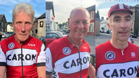 A composite image of three men looking at the camera. They all have red and white cycling gear on with the words Caron across the front. The man on the left is an older gentleman with grey hair and blue eyes. The man in the middle smiles and is bald. The man on the right has a red cap on and looks at the camera.