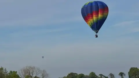 A multi-coloured hot air balloon is seen in a blue sky over some tree tops