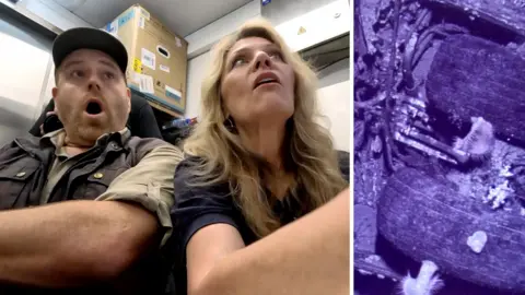 On the left, a man and a woman being surprised; on the right, a plane engine at the bottom of the sea.