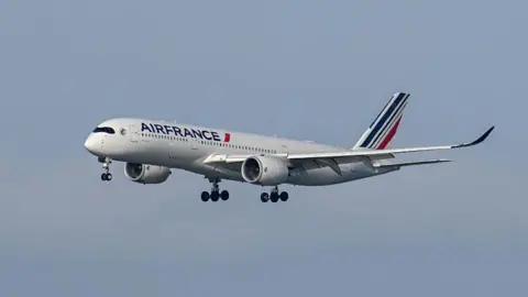 A large white plane flies in the blue sky with the words "Air France" written on the side of it