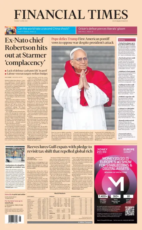 "Ex-Nato chief Robertson hits out at Starmer 'complacency'," reads the headline on the front page of the Financial Times.