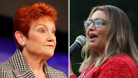 A split screen image. On the left an older woman with short red hair wearing a black and white check quote, on the right woman with long brown hair wearing a red top speaks into a microphone 