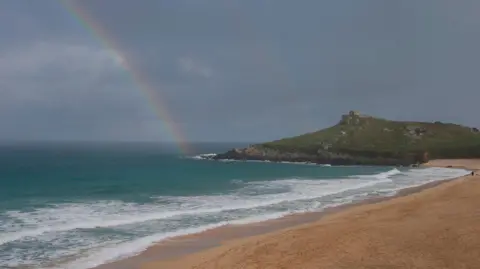 A rainbow over Porthmeor beach