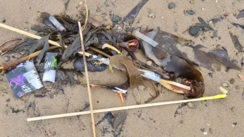 Firework debris tangled in seaweed on a beach. A number of sticks as well as canisters are mixed in with the brown seaweed.